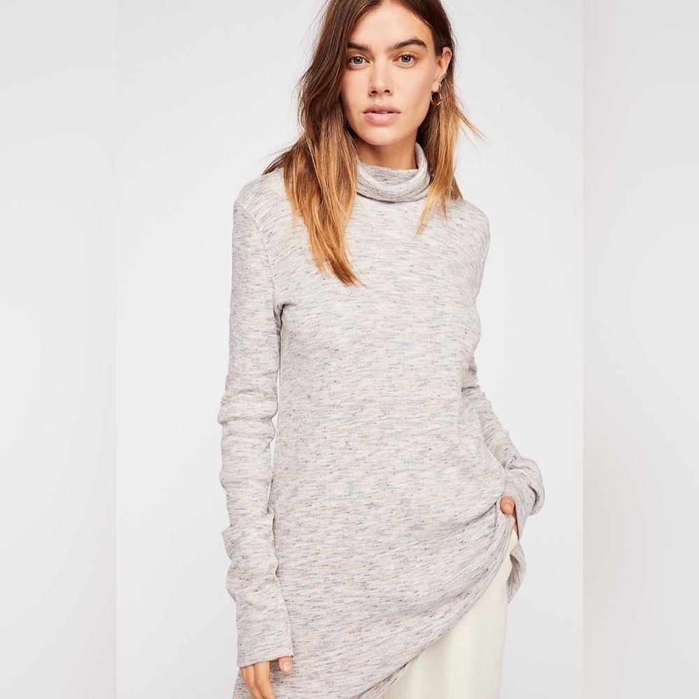 Free People Stonecold Long Sleeve Ribbed Knit Turtleneck Slit Back Gray Top Sz S